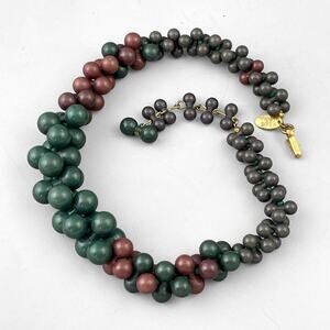 VTG Signed Miriam Haskell 60s Cluster Bead  Plastic Necklace Drk Green Collar